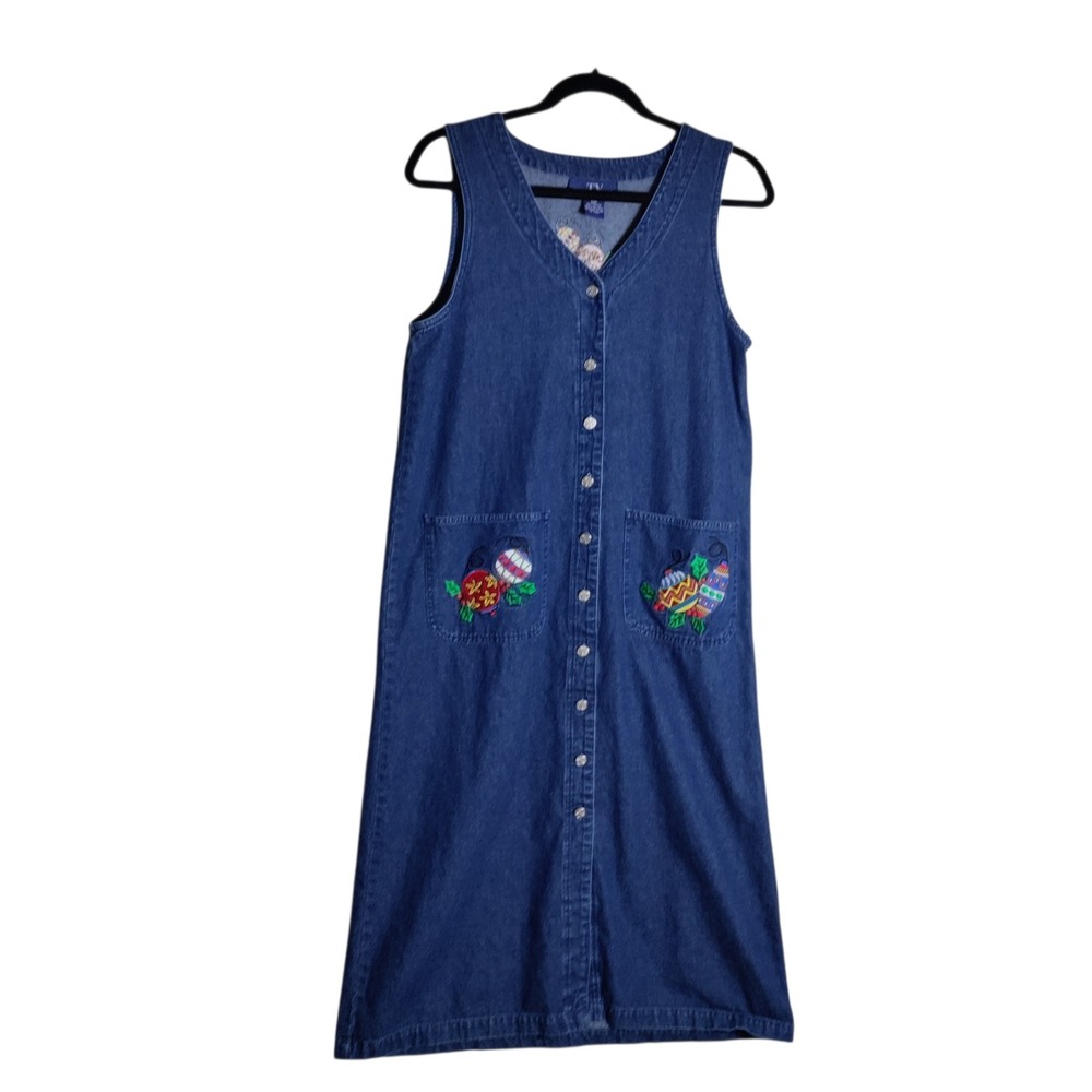 Original TY Wear Womens 12P Denim Christmas Ornament Embroidered Jumper Dress